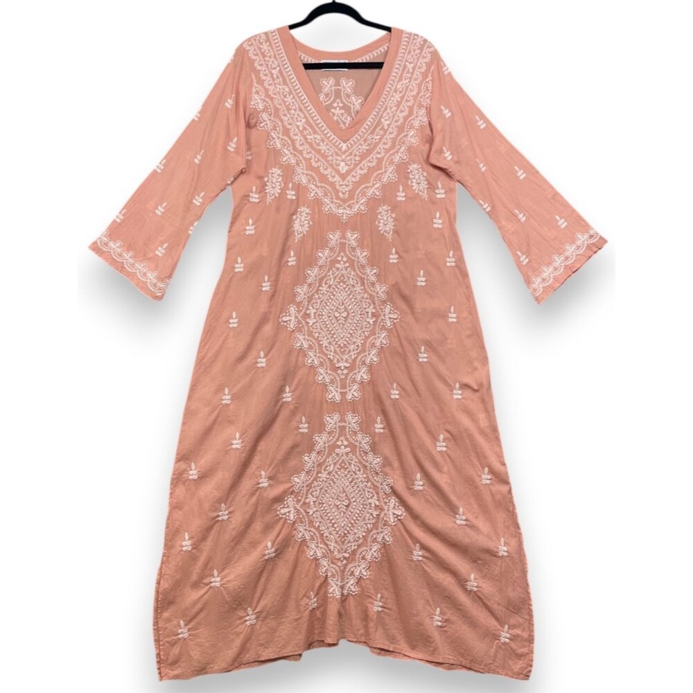 One Season Australia Kaftan Maxi Dress Womens M Pink Embroidered Boho Caftan